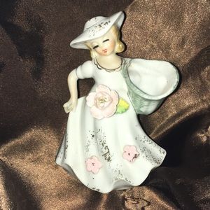Porcelain Bud Vase Lady in Dress Eyelashes Pink Flowers Raised Relief Vintage